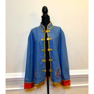 Vintage Hearts of Palm Embroidered Denim Asian Inspired Jacket